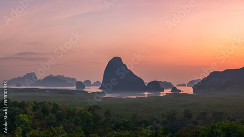 tropical islands in the phang nga bay from samet nangshe viewpoint at sunset in krabi in thailand