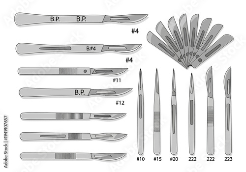 Surgical scalpels and medical tools.