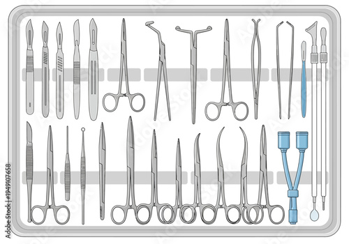 Surgical instruments on a tray.