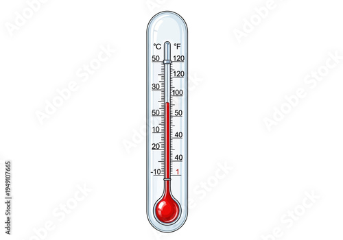 Thermometer with red liquid column rising.