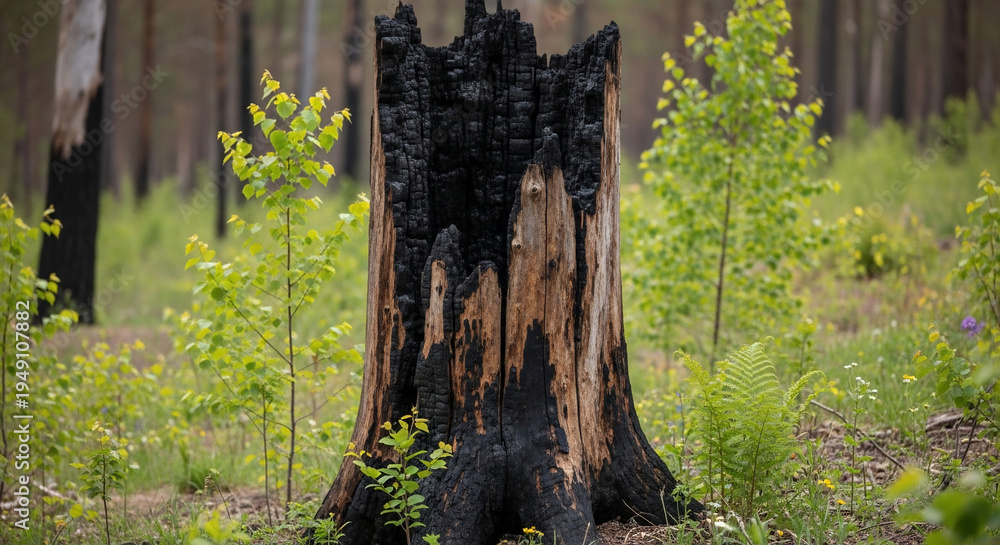 Fototapeta premium Resilient Stump in Rebirth: A starkly contrasted image of a charred tree stump against a backdrop of vibrant green new life symbolizes the cycles of nature and the resilience of the environment.