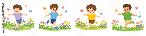 Vector of a little boy running in the garden surrounded by flowers and butterflies. Spring theme. Vector, flat, illustration, minimalist, icon, icon set