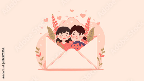 Couple in love sending a heart shaped letter.