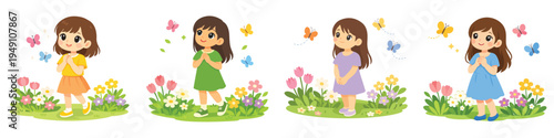 Vector of a girl standing in the park looking at a butterfly flying. Spring theme. Vector, flat, illustration, minimalist, icon, icon set
