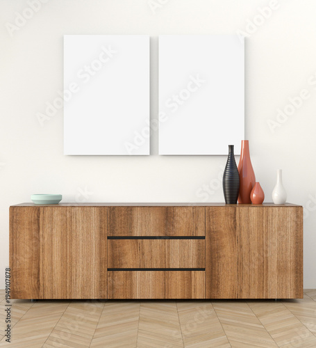 Double Vertical Frameless Canvas on Light Wall in Modern Interior. 3D Render.