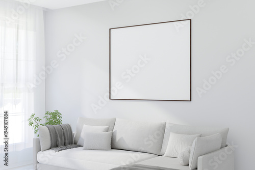 A Horizontal Thin Frame Mockup on Light Wall in Modern Interior. 3D Render.