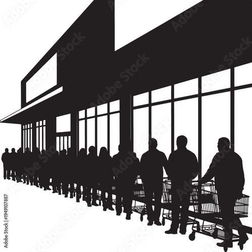 Crowd of People in Line with Shopping Carts Outside Store