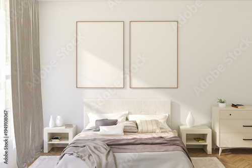 Double Thin Vertical Wooden Frame Mockup with Minimalist Design on Light Wall. 3D render.