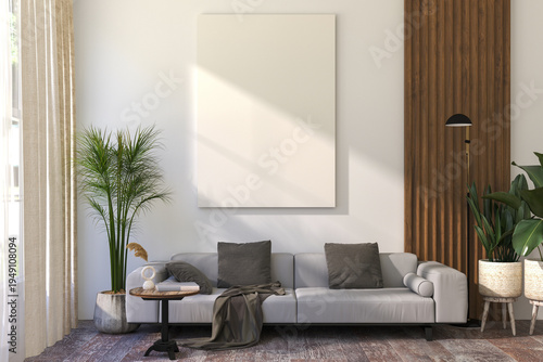 A Vertical Frameless Canvas on Light Wall in Modern Interior. 3D Render.