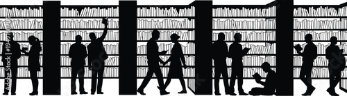 Silhouetted people in front of bookshelves silhouettes library
