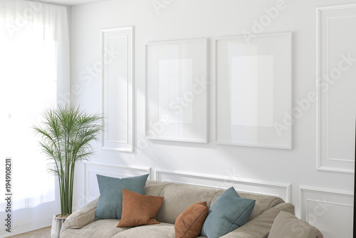3D Render of Two White Frames Above Sofa on Light Wall in Modern Interior