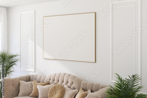 A Horizontal Thin Frame Mockup on Light Wall in Modern Interior. 3D Render.