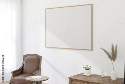 A Horizontal Thin Frame Mockup on Light Wall in Modern Interior. 3D Render.