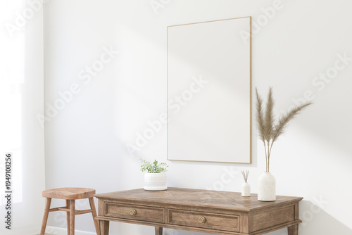 Thin Vertical Wooden Frame Mockup with Minimalist Design on Light Wall. 3D render.