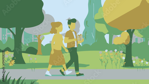 people walking in a park on a sunny day.