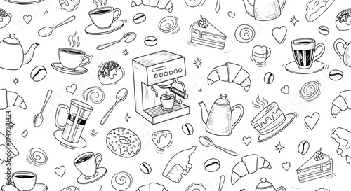 Black and white illustration of various food and drink items isolated on transparent background