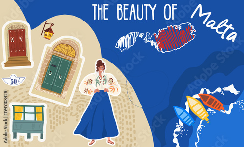 Collage the beauty of Malta, hand drawn vector illustration.
