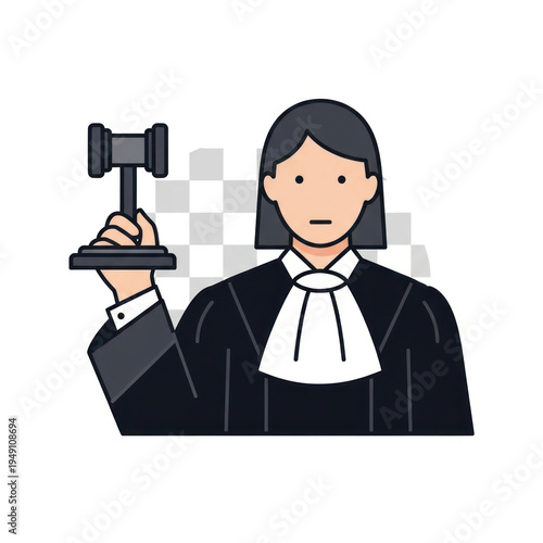Cartoon judge in courtroom attire holding a gavel with a confident stance.