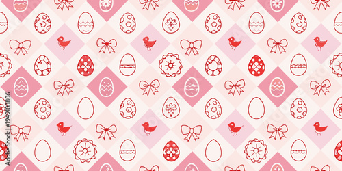A repeating pattern of easter eggs bows birds and diamond shapes