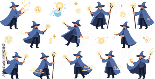 Collection of male wizard vector characters wearing blue robes and hats while casting spells with magical wands and staffs for fantasy gaming and storytelling designs.