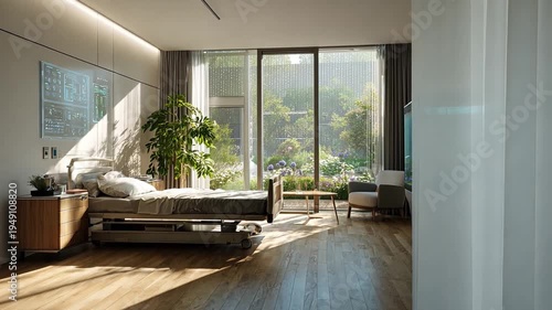 Modern Bedroom Overlooking Lush Garden with Natural Light