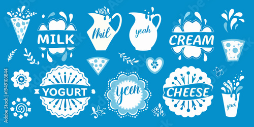 Stylized illustration of dairy products including milk yogurt cheese and cream