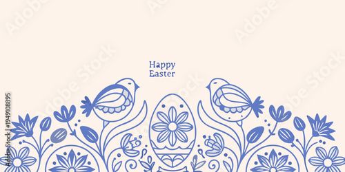 Stylized blue birds and floral egg illustration for a happy easter
