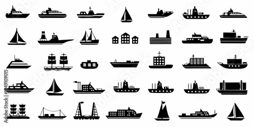 Collection of various black silhouette ships sailboats and harbor buildings
