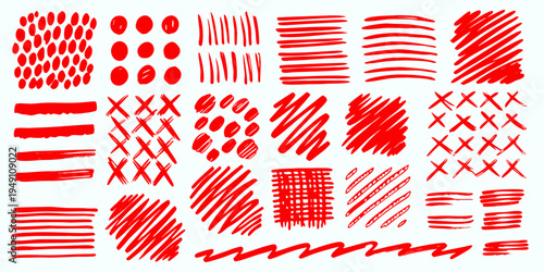 Collection of abstract red scribble patterns and textured brush strokes