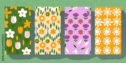 Four colorful vertically oriented patterned panels with floral and botanical motifs