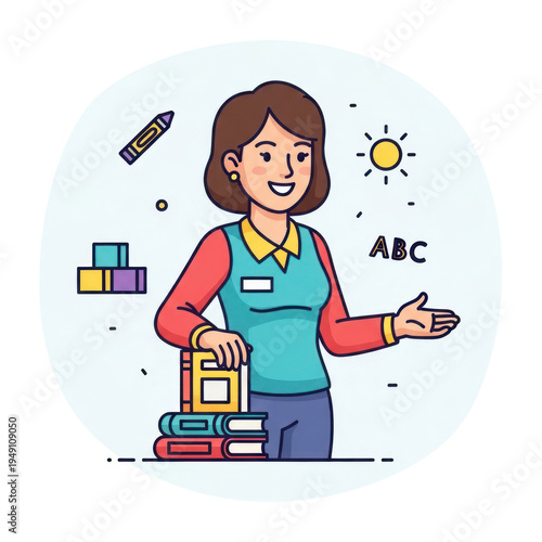Friendly cartoon female teacher standing with books in a classroom presenting lesson.