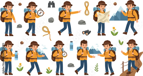Collection of male hiker vector characters wearing backpacks and hats while using a compass and map for outdoor adventure and mountain trekking designs.