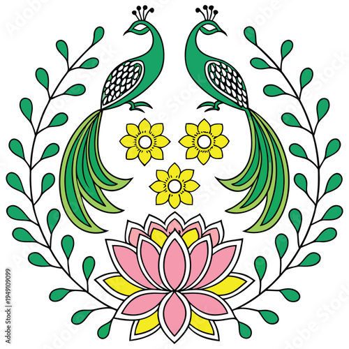 Ethnic Madhubani Style Floral Vector with Twin Peacocks
