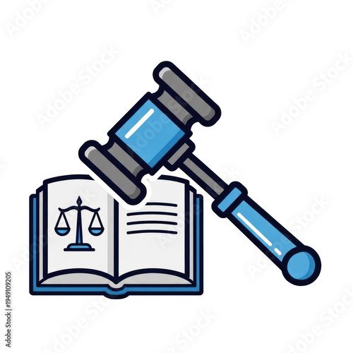 Illustration of legal justice icons featuring a gavel, scales, and an open law book in a cohesive graphic.