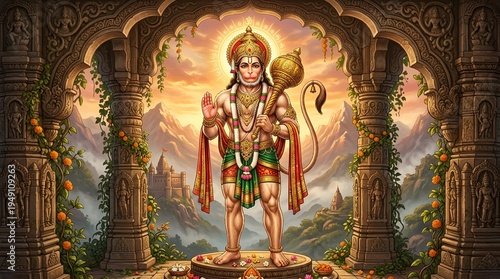 Lord Hanuman Blessing Illustration in Temple Archway with Divine Landscape