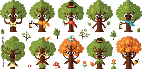 Collection of cute tree character vector illustrations featuring happy faces with various hats scarves and lanterns for children book and seasonal nature designs.