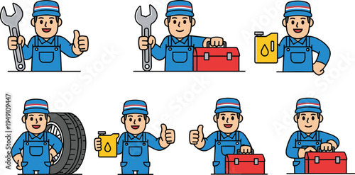 Mechanic character set with tools oil can tire and toolbox vector illustration for auto repair service technician cartoon icons