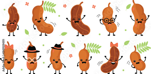 Collection of cute tamarind fruit character vector illustrations featuring various happy expressions and accessories like hats and glasses for organic food branding.