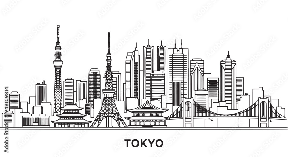 Obraz premium Tokyo Skyline Architectural Illustration Outlined in Black