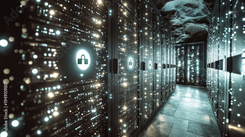 Secure data center with glowing server racks and digital lock icons in a futuristic environment
