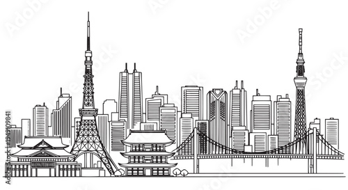 Tokyo Cityscape Illustration of Landmarks in Black and White