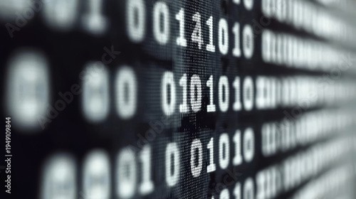Abstract digital data stream of binary code on a dark background with shallow depth of field