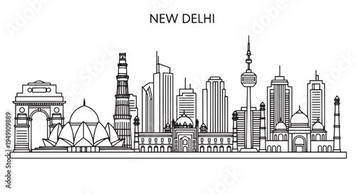 New Delhi Skyline Architectural Landmarks Outlines Illustration