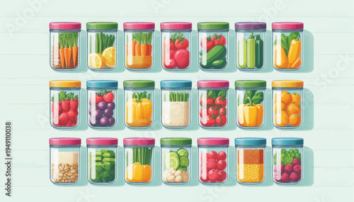 Assorted Food Jars with Fresh Ingredients.