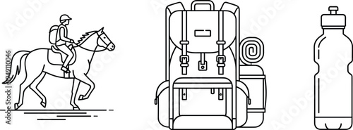 Outdoor adventure hiking equipment line art set horse rider backpack camping gear and water bottle travel exploration vector illustration