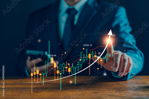 Businessman pointing at a sharp upward-trending financial chart with green and orange candlesticks. stock market success, bullish trend, investment profit, and financial prosperity.