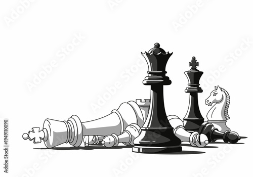 Black and white chess pieces standing.