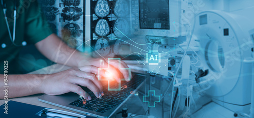Foto Healthcare professional typing on laptop, overlaid with a network of brain scan and medical data