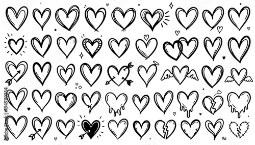 Hand drawn doodle vector set of tiny hearts in fun sketchy ink pen style with clean black outlines isolated on white background