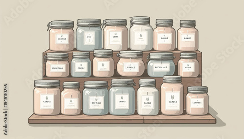 Collection of Jars with Labels and Lids.